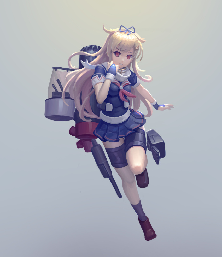 1girl absurdres bangs blonde_hair blue_gloves blue_ribbon blue_shirt brown_footwear cannon commentary_request dusttodusk fingerless_gloves full_body gloves grey_background grin hair_flaps hair_ornament hair_ribbon hairclip hand_up highres kantai_collection long_hair looking_at_viewer machinery miniskirt neckerchief pleated_skirt puffy_short_sleeves puffy_sleeves purple_legwear red_eyes red_neckwear remodel_(kantai_collection) ribbon rigging scarf school_uniform serafuku shirt shoes short_sleeves simple_background skirt smile socks solo standing yuudachi_(kantai_collection)