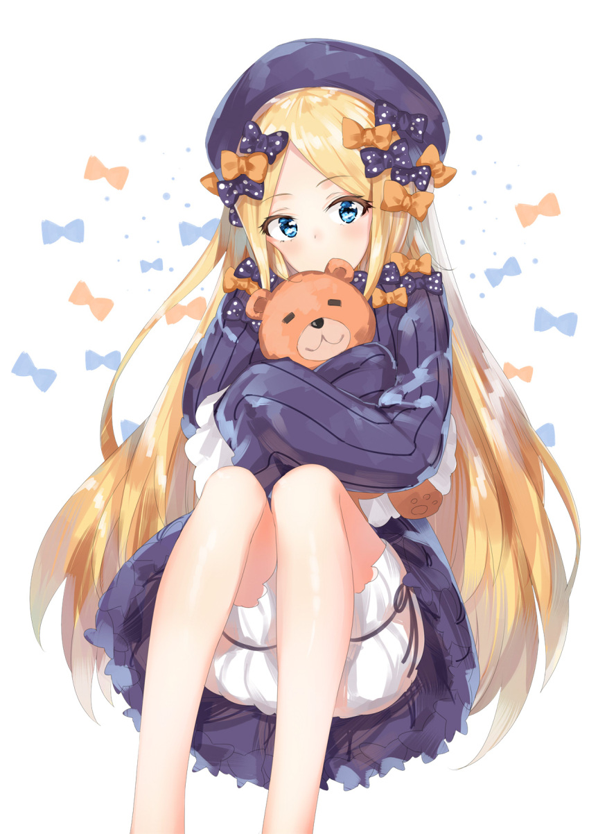 1girl abigail_williams_(fate/grand_order) bangs bear blonde_hair bloomers blue_eyes blush bow dress eyebrows_visible_through_hair eyelashes fate/grand_order fate_(series) feet_out_of_frame forehead gothic_lolita hair_bow hair_ornament hands_in_sleeves hat highres holding holding_stuffed_animal holding_toy hug knees_up lolita_fashion long_sleeves looking_at_viewer marie_mushroom no_legwear no_mouth object_hug orange_bow parted_bangs polka_dot polka_dot_bow purple_dress purple_hat sleeves_past_fingers solo stuffed_animal stuffed_toy teddy_bear underwear white_bloomers