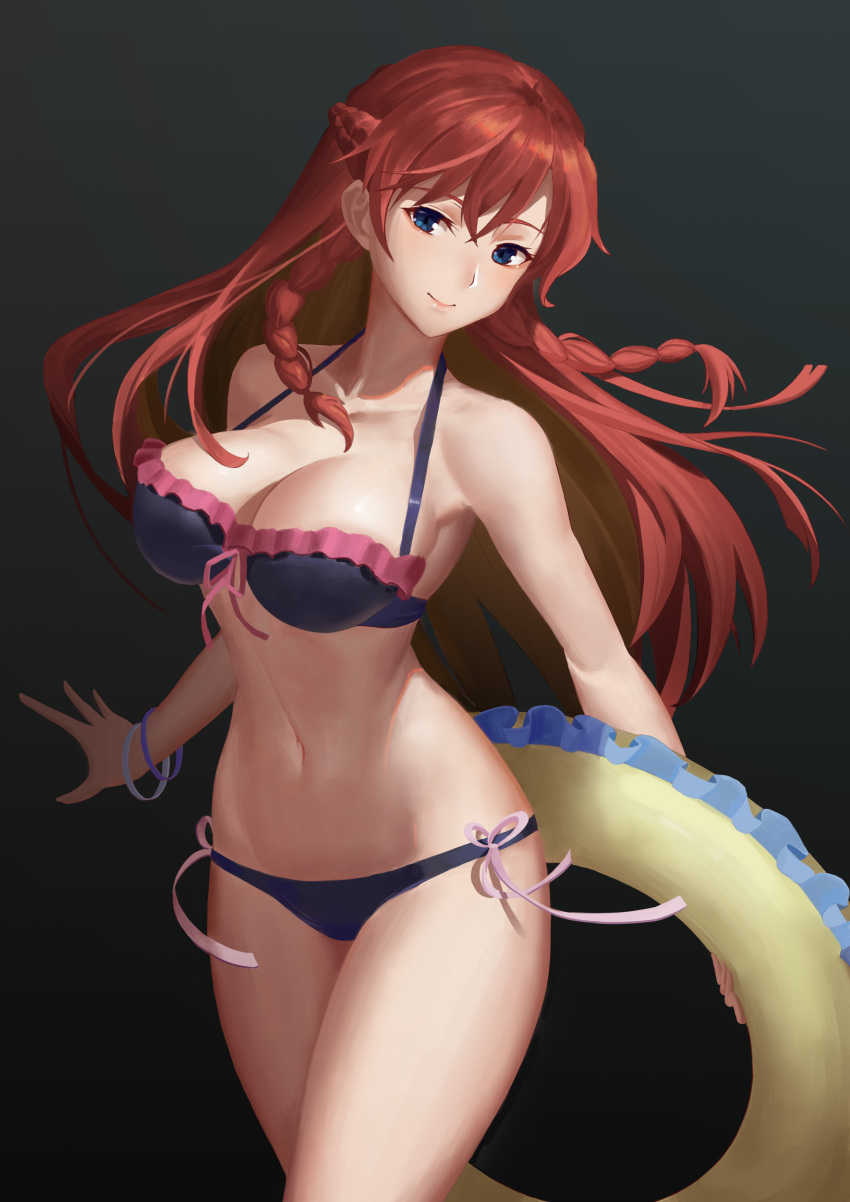 1girl absurdres bikini black_bikini blue_eyes bracelet braid breasts cleavage closed_eyes commentary_request frilled_bikini frills gradient gradient_background halterneck head_tilt highres holding_innertube innertube jewelry large_breasts long_hair looking_at_viewer multicolored_hair navel northman re:creators redhead revision selesia_upitiria simple_background smile solo standing swimsuit twin_braids two-tone_hair