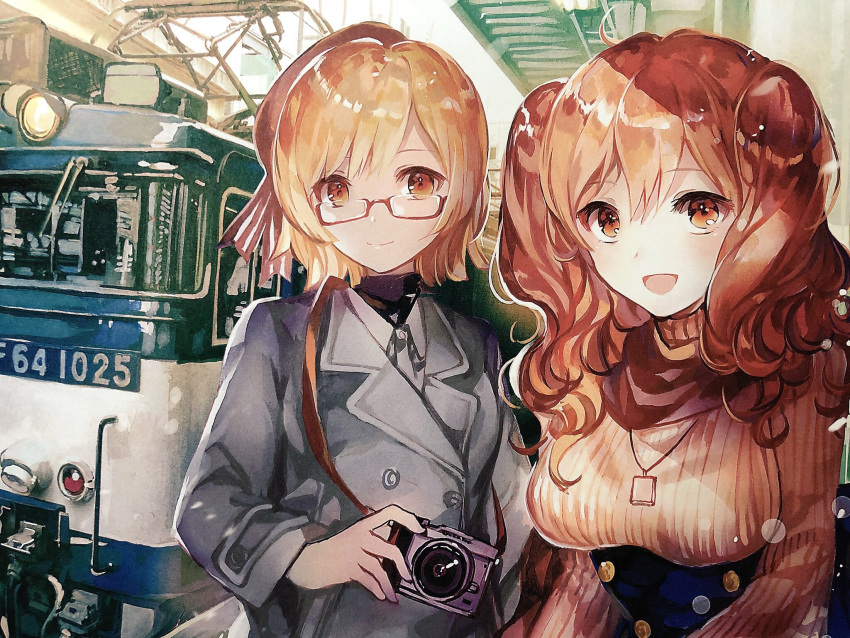 2girls :d bangs blonde_hair breasts camera closed_mouth grey_jacket ground_vehicle high-waist_skirt highres holding jacket jewelry large_breasts long_sleeves looking_at_viewer multiple_girls necklace open_mouth original red-framed_eyewear red_eyes redhead ribbed_sweater rioka_(southern_blue_sky) semi-rimless_eyewear short_hair skirt smile sweater train train_station twintails under-rim_eyewear yellow_eyes