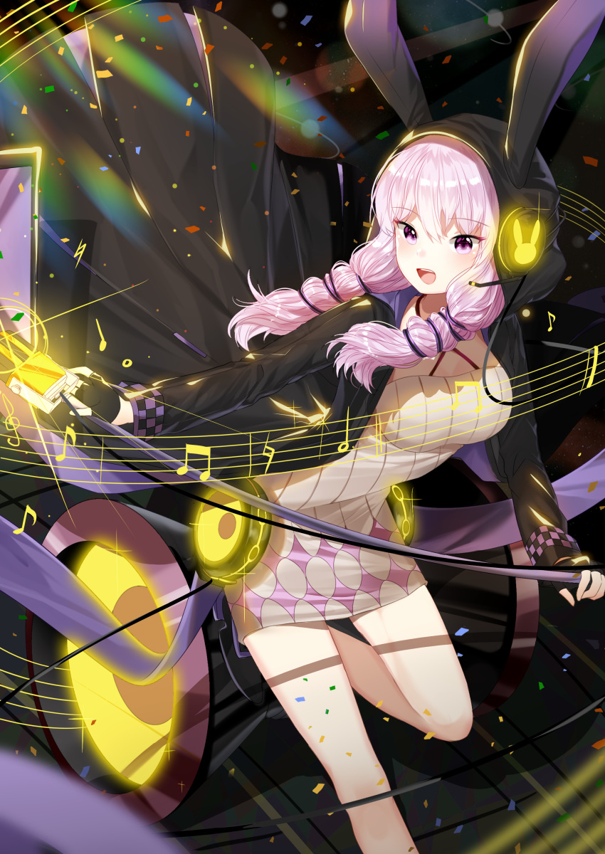 1girl :d absurdres animal_hood black_jacket bunny_hood cowboy_shot dress fingerless_gloves gloves headset highres holding holding_microphone hood jacket leaning_forward lepoule long_hair low_twintails microphone musical_note open_mouth purple_hair smile solo strap striped twintails upper_teeth vertical-striped_dress vertical_stripes violet_eyes vocaloid voiceroid yuzuki_yukari