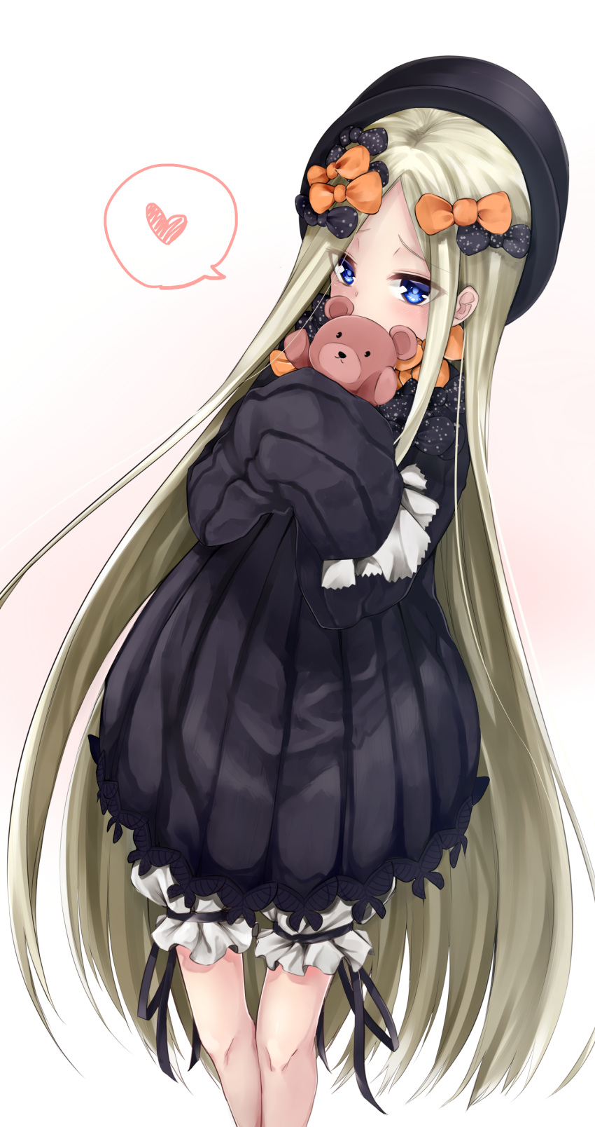 1girl abigail_williams_(fate/grand_order) absurdres bangs black_bow black_dress black_hat blonde_hair bloomers blue_eyes blush bow butterfly commentary_request covered_mouth dress eyebrows_visible_through_hair fate/grand_order fate_(series) forehead hair_bow hat heart highres long_hair long_sleeves looking_at_viewer mono_kuro_(sblack0013) object_hug orange_bow parted_bangs polka_dot polka_dot_bow simple_background sleeves_past_fingers sleeves_past_wrists solo spoken_heart stuffed_animal stuffed_toy teddy_bear underwear very_long_hair white_background white_bloomers