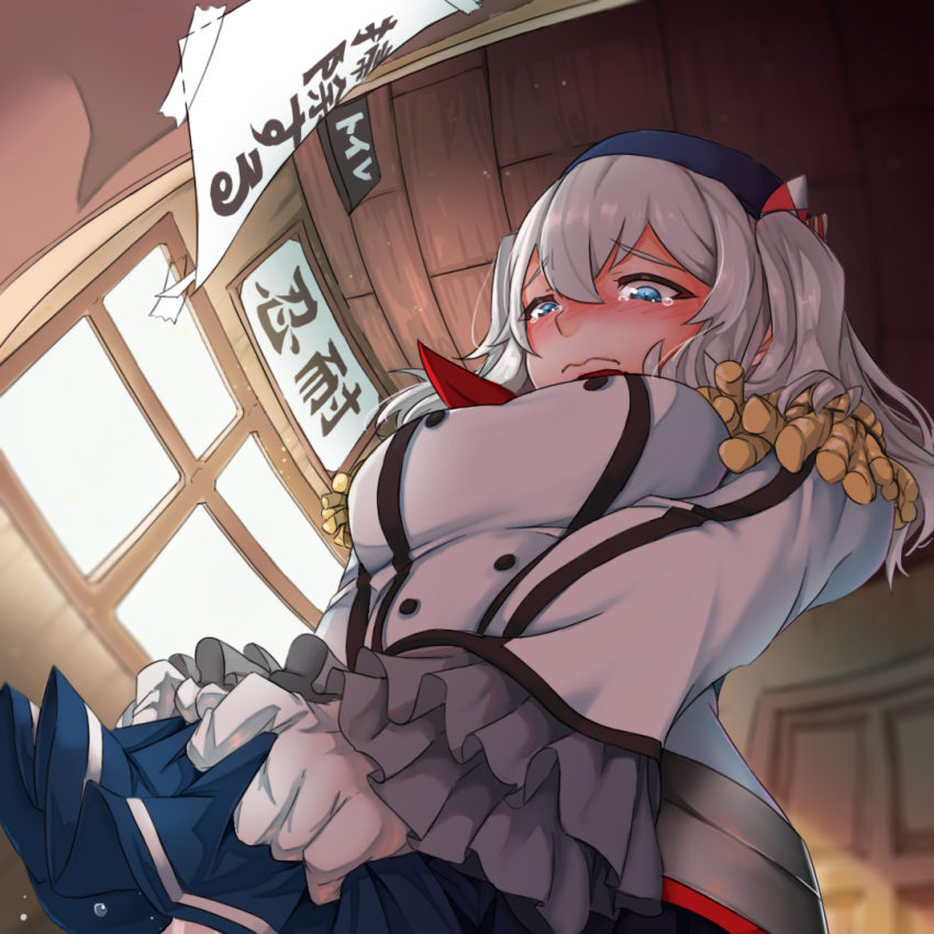 1girl beret blue_eyes buttons epaulettes frilled_sleeves frills gloves hat indoors jacket kantai_collection kashima_(kantai_collection) long_sleeves neckerchief pleated_skirt red_neckwear silver_hair skirt solo tearing_up twintails uniform wavy_hair white_gloves white_jacket zuoteng_lucha