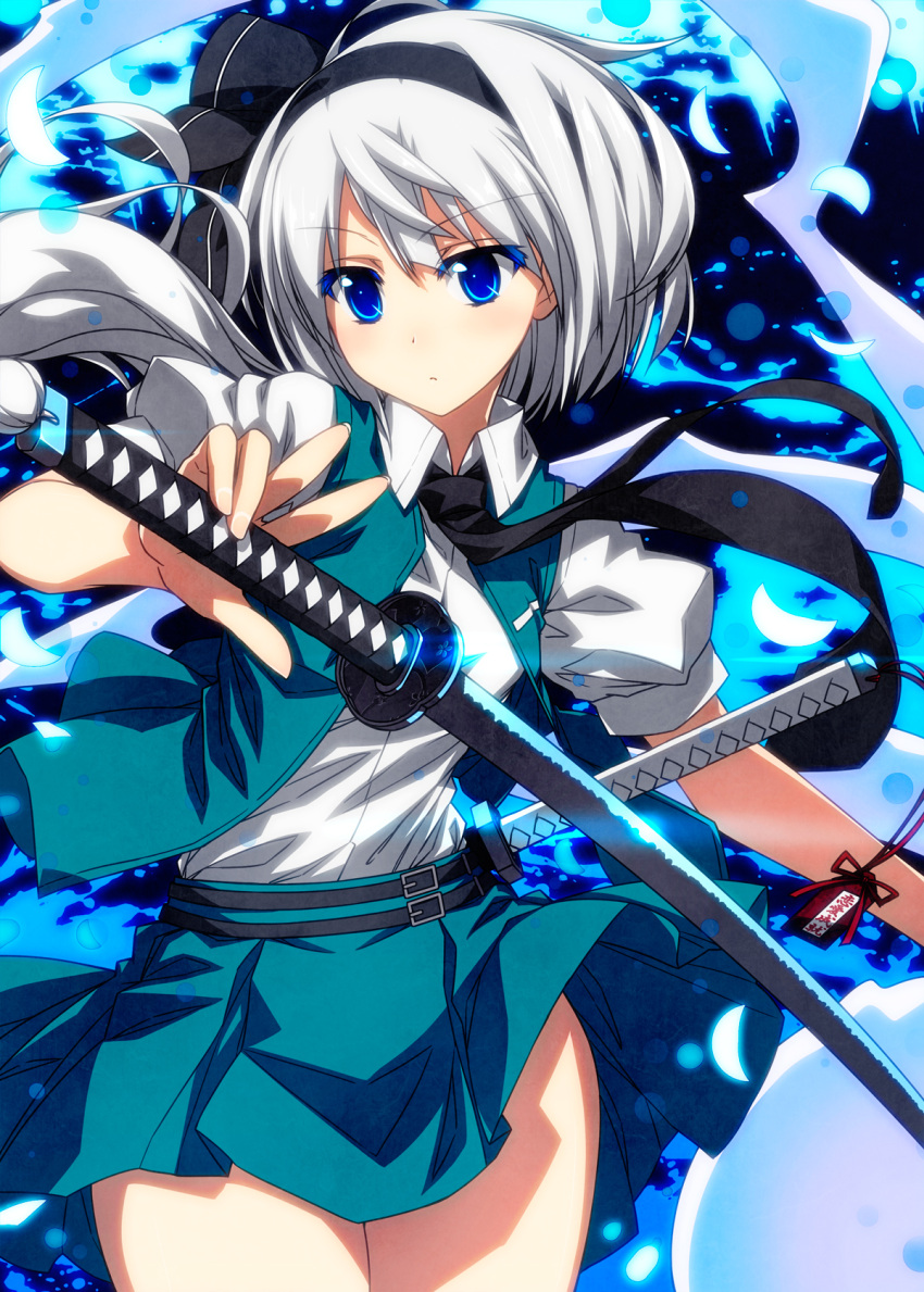 1girl bangs belt belt_buckle black_hairband black_neckwear black_ribbon blue_fire blue_skirt blue_vest buckle collared_shirt colored_eyelashes eyebrows_visible_through_hair fire ghost hair_ribbon hairband highres hitodama holding holding_sword holding_weapon katana konpaku_youmu konpaku_youmu_(ghost) looking_at_viewer necktie open_clothes open_vest petals puffy_short_sleeves puffy_sleeves ribbon sazanami_mio shirt short_hair short_sleeves silver_hair skirt solo standing sword thighs touhou vest weapon white_shirt wing_collar