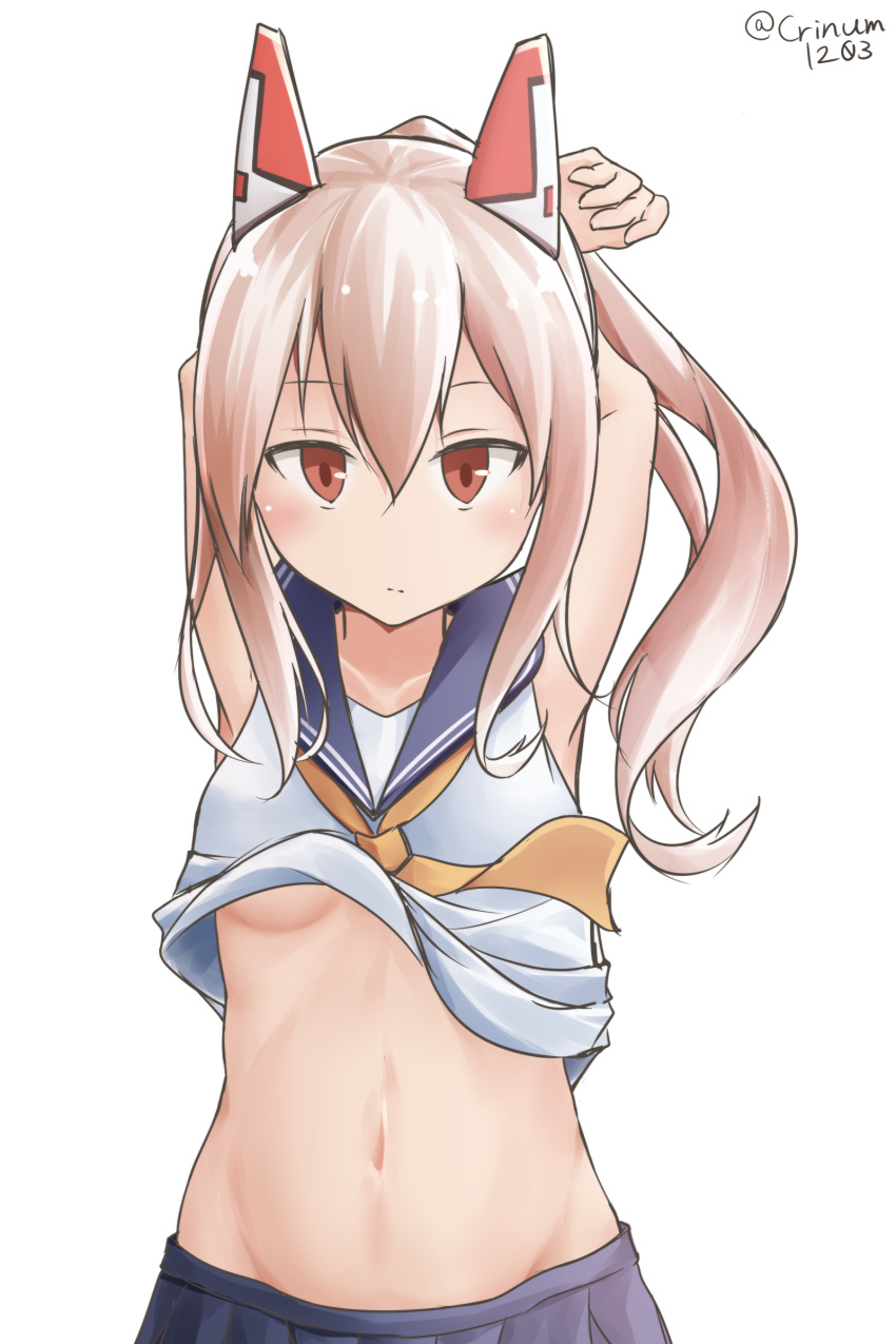 1girl absurdres arms_behind_head arms_up ayanami_(azur_lane) azur_lane bangs blue_skirt blush breasts brown_eyes closed_mouth collarbone commentary_request crop_top eyebrows_visible_through_hair groin hair_between_eyes hamayuu_(litore) headgear high_ponytail highres light_brown_hair long_hair looking_at_viewer navel pleated_skirt school_uniform serafuku sidelocks simple_background skirt small_breasts solo twitter_username under_boob white_background yellow_neckwear