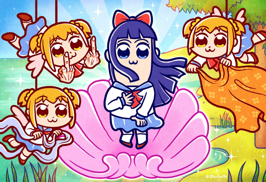 4girls :3 absurdres artist_name birth_of_venus bkub_(style) blue_eyes blue_hair blue_skirt bow brown_eyes brown_hair chibi clone commentary emphasis_lines fairy_wings fine_art_parody flying grass hair_bow hair_ornament hair_scrunchie highres jackie_yanes long_hair looking_at_viewer middle_finger multiple_girls outdoors parody pipimi pleated_skirt poptepipic popuko red_bow rope scarf school_uniform scrunchie serafuku shell skirt sparkle star_(sky) suspended tree twitter_username two_side_up water wings yellow_scrunchie