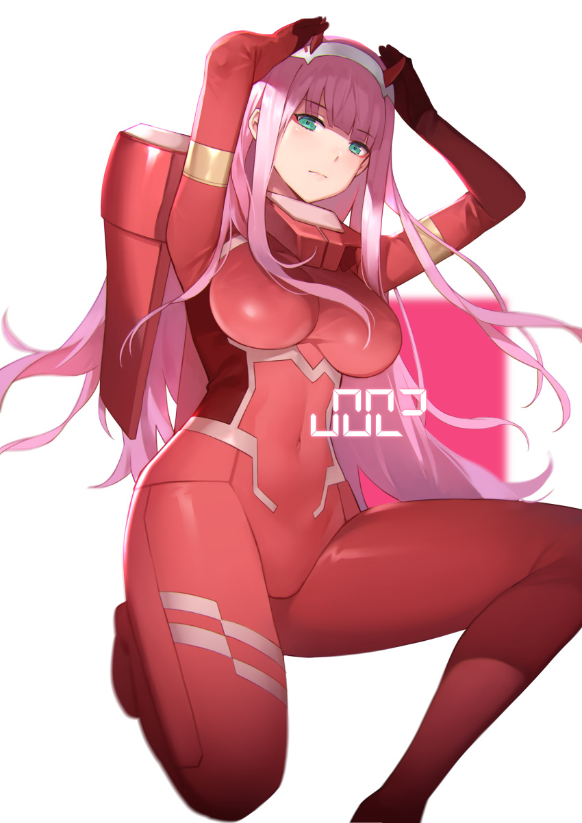 1girl absurdres aqua_eyes arms_up bangs blush bodysuit breasts character_name closed_mouth covered_navel darling_in_the_franxx eyebrows_visible_through_hair hairband highres horns kneeling light_smile long_hair looking_at_viewer medium_breasts pilot_suit pink_hair red_bodysuit shiny shiny_clothes shiny_hair shiny_skin skin_tight smile solo white_background white_hairband yykuaixian zero_two_(darling_in_the_franxx)