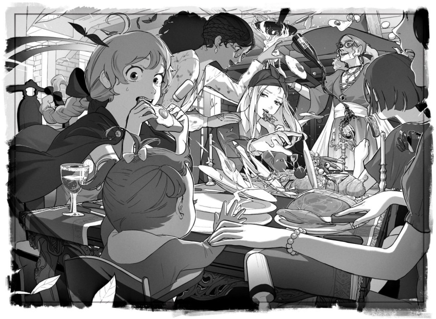 6+girls ahoge alcohol blush bottle bow bracelet braid candle chair cherry cup diamond_earrings drinking_glass earrings eating egg food fruit glasses greyscale hair_bow hat holding holding_knife jewelry knife long_hair looking_at_another looking_at_viewer looking_away monochrome multiple_girls old_woman open original parted_lips pine_(yellowpine112) plate short_hair sitting smile sweatdrop table teeth wine wine_bottle witch_hat
