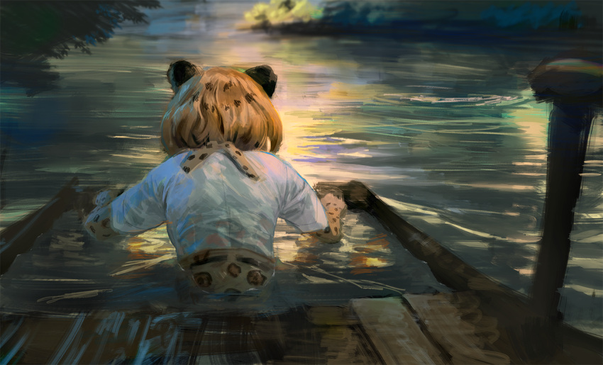 1girl day elbow_gloves facing_away from_behind gloves high-waist_skirt jaguar_(kemono_friends) jaguar_ears jaguar_print kemono_friends orange_gloves orange_neckwear orange_skirt outdoors partially_submerged pulling realistic ripples river shirt short_sleeves skirt solo treeware wading water_surface wet wet_clothes wet_shirt white_shirt