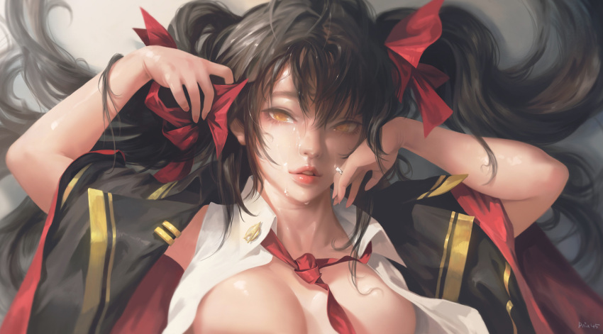 1girl arms_up bangs black_hair breasts brown_eyes character_request collared_shirt girls_frontline hair_between_eyes hair_ribbon hand_on_own_face highres lips long_hair looking_at_viewer medium_breasts open_clothes open_shirt pink_lips red_neckwear ribbon shirt solo taejune_kim twintails upper_body white_shirt