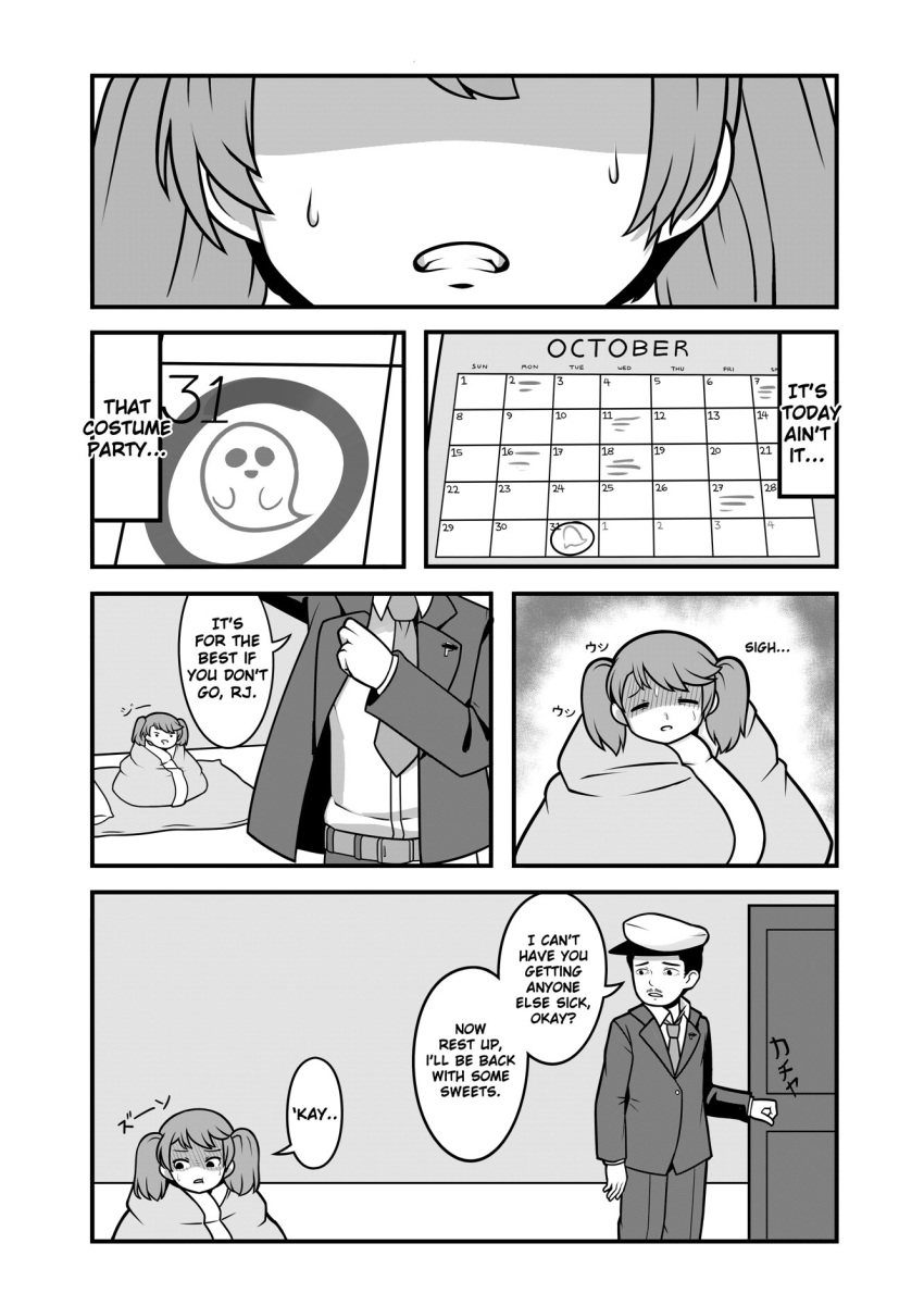1boy 1girl admiral_(kantai_collection) calendar_(object) comic door english greyscale halloween hat highres indoors jacy kantai_collection long_sleeves looking_at_another looking_away monochrome necktie october open_mouth parted_lips ryuujou_(kantai_collection) shaded_face short_twintails sick speech_bubble sweat teeth twintails