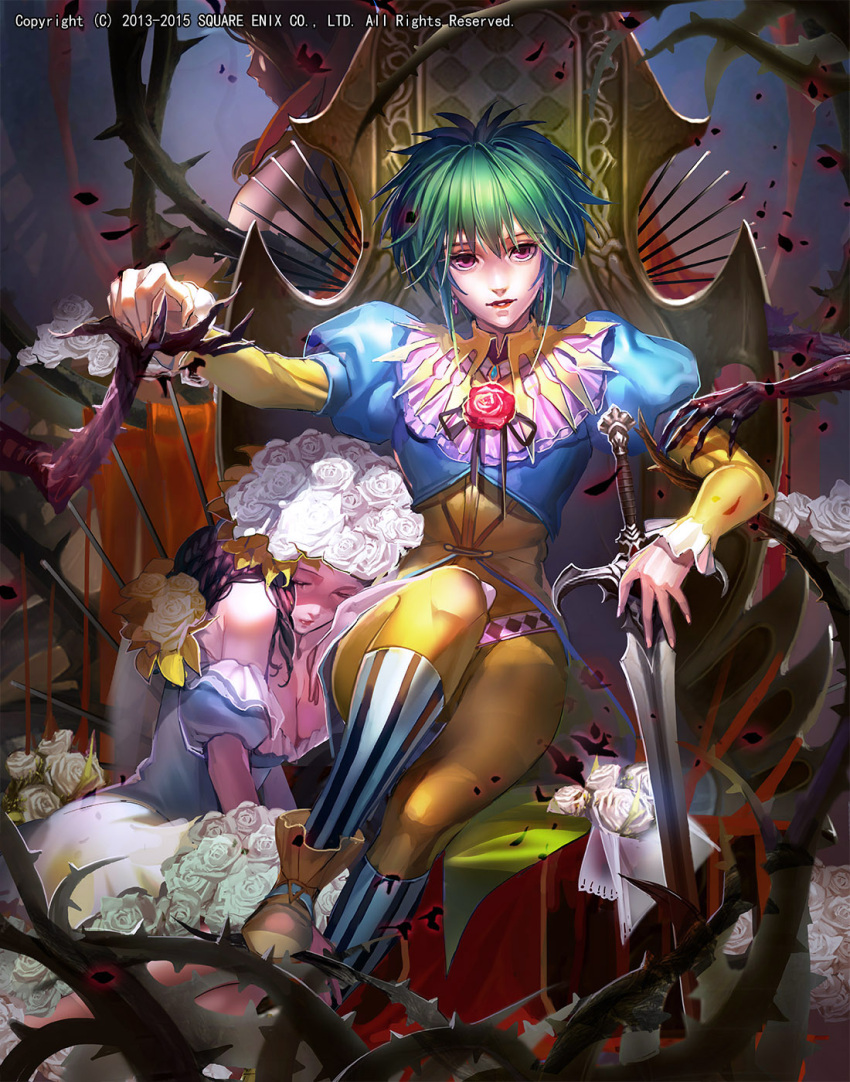 2girls asellus_(saga_frontier) bangs bare_shoulders blonde_hair blue_dress breasts cleavage closed_eyes dress emperors_saga flower green_hair highres large_breasts liduke long_sleeves looking_at_viewer multiple_girls official_art parted_lips plant planted_sword planted_weapon puffy_short_sleeves puffy_sleeves red_flower red_lips red_rose rose saga saga_frontier short_over_long_sleeves short_sleeves sitting skirt smile square_enix sword vines violet_eyes watermark weapon white_flower white_rose white_skirt