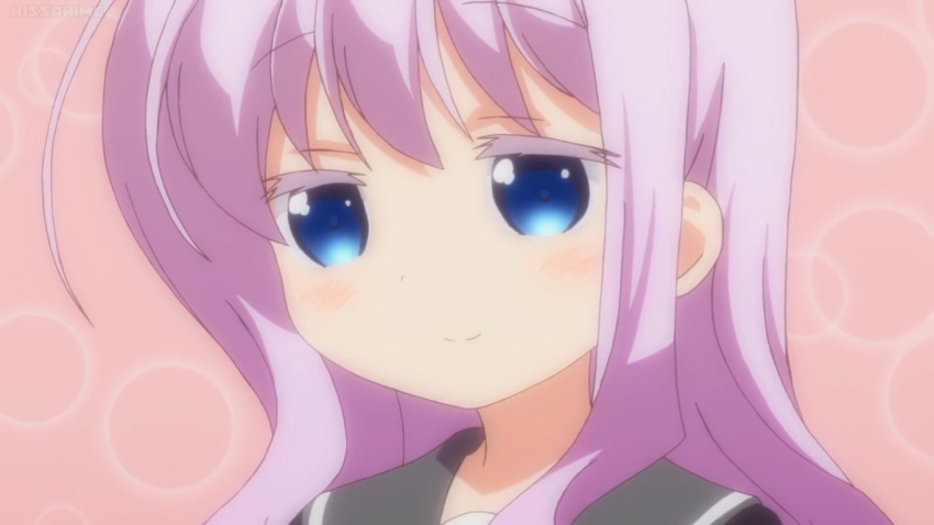 blue_eyes jpeg_artifacts purple_hair screencap sengoku_kamuri slow_start smug sneer upscaled watermark