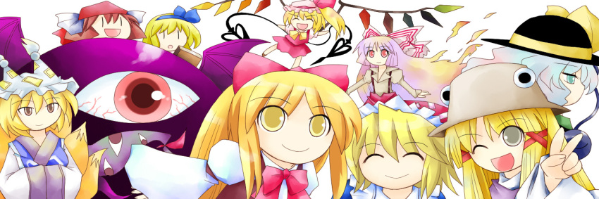 6+girls ^_^ alice_margatroid alice_margatroid_(pc-98) ayumi_tooru blonde_hair book bow brown_hair closed_eyes crystal dress evil_eye_sigma eyeball flandre_scarlet fujiwara_no_mokou gengetsu green_eyes green_hair green_skirt grimoire grimoire_of_alice hair_bow hairband hat hat_ribbon komeiji_koishi maid maid_headdress moriya_suwako mugetsu multiple_girls red_eyes ribbon rika_(touhou) shirt short_hair siblings silver_hair sisters skirt smile suspenders third_eye touhou touhou_(pc-98) white_hair wings yakumo_ran yellow_eyes