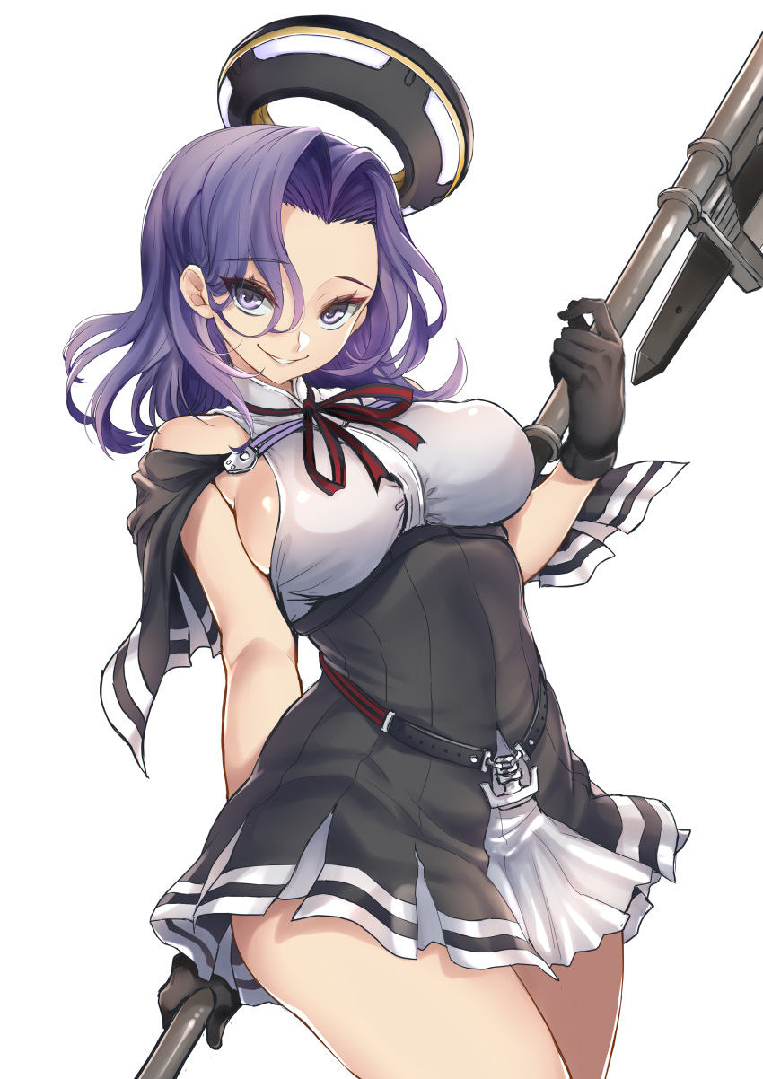 1girl absurdres black_dress black_gloves capelet dress gloves hair_intakes highres kantai_collection kaorihero mechanical_halo purple_hair red_ribbon remodel_(kantai_collection) ribbon short_hair simple_background solo tatsuta_(kantai_collection) violet_eyes white_background