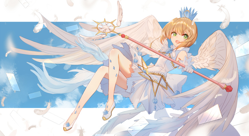 1girl :d absurdres ahoge bangs bison_cangshu blue_sky blurry card_captor_sakura clear_card clouds crown day depth_of_field dress eyebrows_visible_through_hair feathered_wings feathers flying gloves green_eyes highres holding holding_wand kinomoto_sakura light_brown_hair looking_at_viewer no_socks open_mouth outdoors outside_border outstretched_arm shoes sky smile solo star sunlight wand white_dress white_footwear white_gloves white_wings wings yume_no_tsue