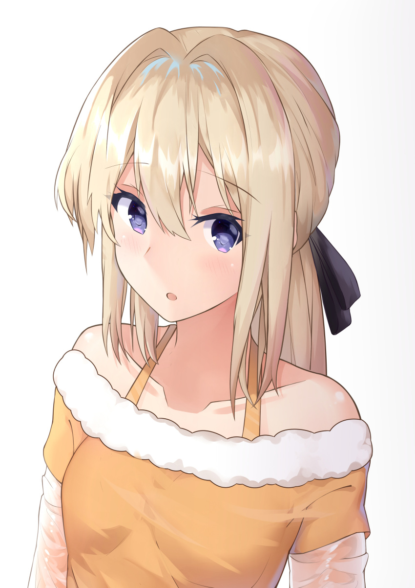 1girl :o absurdres bangs bare_shoulders black_ribbon blonde_hair blush collarbone eyebrows_visible_through_hair eyelashes fur-trimmed_shirt hair_between_eyes hair_intakes hair_ribbon halter_top halterneck highres long_hair looking_at_viewer low_ponytail nagisa_(pixiv17634981) off-shoulder_shirt open_mouth orange_shirt ribbon shiny shiny_hair shirt solo tareme upper_body violet_evergarden violet_evergarden_(character) violet_eyes