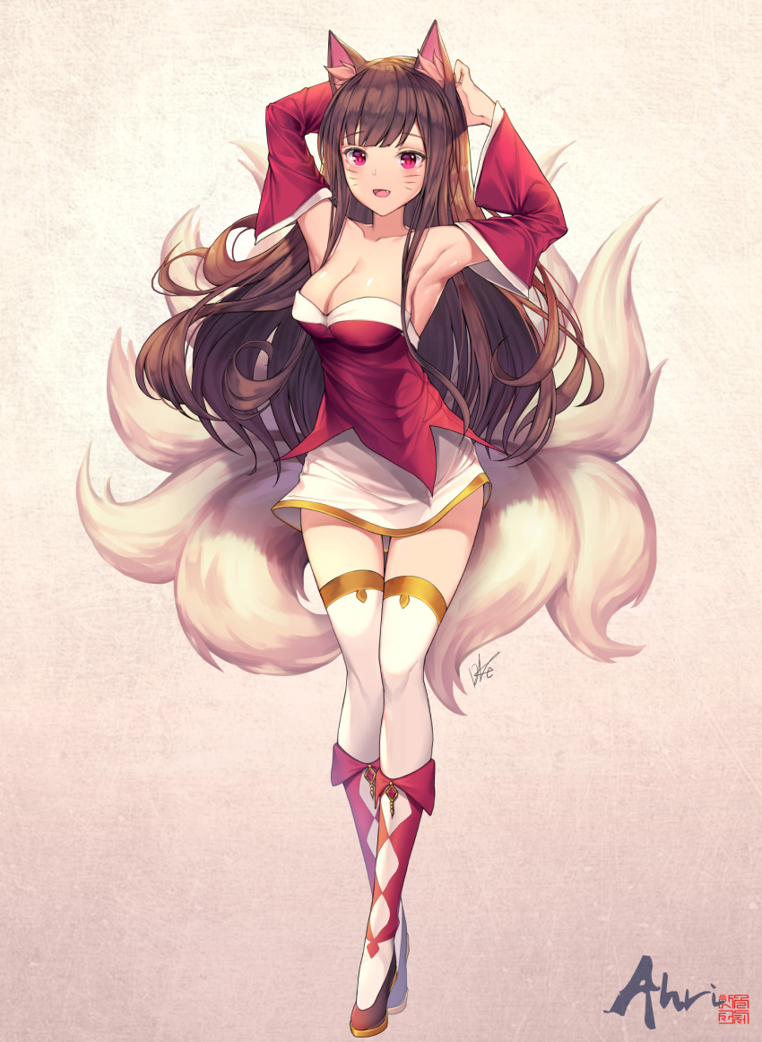 1girl ahri animal_ears arms_up bare_shoulders blush breasts brown_hair character_name cleavage collarbone eyebrows_visible_through_hair fox_ears fox_tail highres large_breasts league_of_legends lee_seok_ho long_hair looking_at_viewer open_mouth pink_eyes signature smile solo tail thigh-highs