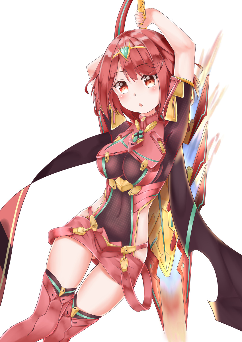 1girl absurdres blush breasts covered_navel earrings fingerless_gloves fuyuki030 gloves hair_ornament highres pyra_(xenoblade) jewelry large_breasts looking_at_viewer red_eyes redhead short_hair shorts sidelocks simple_background smile solo sword tiara weapon white_background xenoblade xenoblade_2