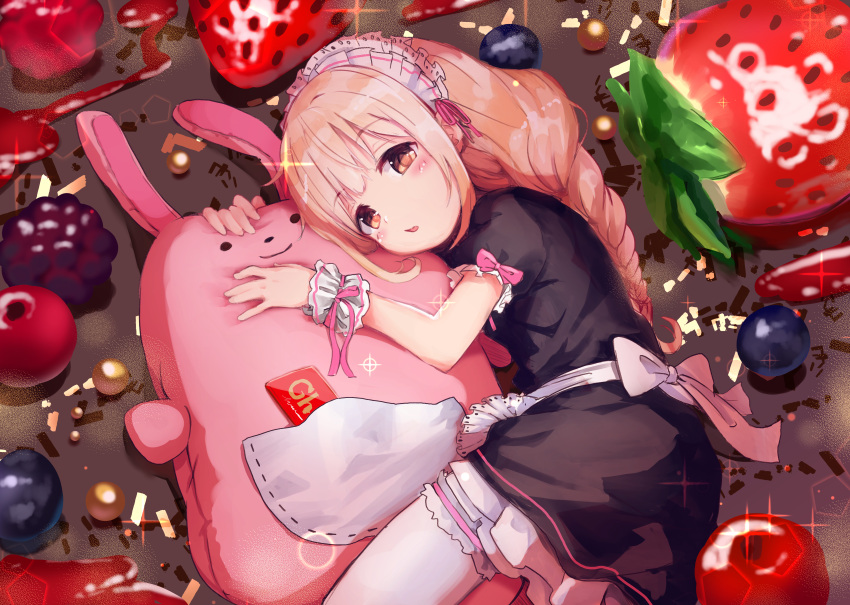 1girl absurdres arm_up back_bow black_dress blueberry bow braid brown_eyes bunny_pillow commentary_request dress food fruit futaba_anzu greatpengh highres huge_filesize idolmaster idolmaster_cinderella_girls light_brown_hair long_hair looking_at_viewer lying on_side parted_lips pillow pillow_hug pink_bow pink_ribbon puffy_short_sleeves puffy_sleeves ribbon short_sleeves solo strawberry thigh-highs very_long_hair white_bow white_legwear wrist_cuffs