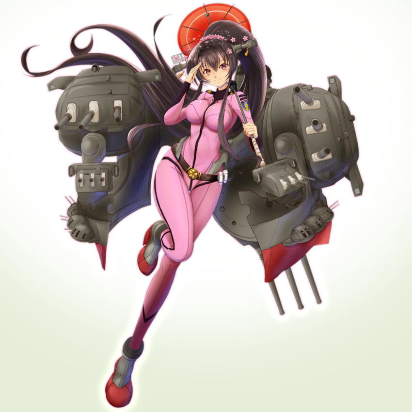 1girl alternate_costume bodysuit breasts brown_hair cosplay full_body gradient gradient_background harada_makoto headgear highres impossible_clothes kantai_collection large_breasts long_hair looking_at_viewer mokerou oriental_umbrella pink_bodysuit ponytail rigging salute skin_tight solo turret uchuu_senkan_yamato uchuu_senkan_yamato_2199 umbrella very_long_hair violet_eyes yamato_(kantai_collection)