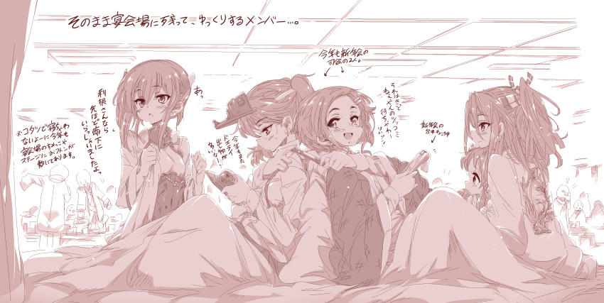 5girls absurdres alabaster_(artist) alternate_costume back-to-back bespectacled blanket book clipboard corset cropped_jacket crowd earrings eyebrows_visible_through_hair from_side futon glasses hachimaki hair_ornament hairclip hanten_(clothes) hat headband headgear heart heart_earrings highres indoors jewelry kantai_collection kuroshio_(kantai_collection) leaning leaning_back leaning_on_person libeccio_(kantai_collection) long_hair long_sleeves looking_at_viewer monochrome multiple_girls open_mouth pen ponytail reading ryuujou_(kantai_collection) short_hair sitting taihou_(kantai_collection) text translation_request twintails visor wide_sleeves zuihou_(kantai_collection)