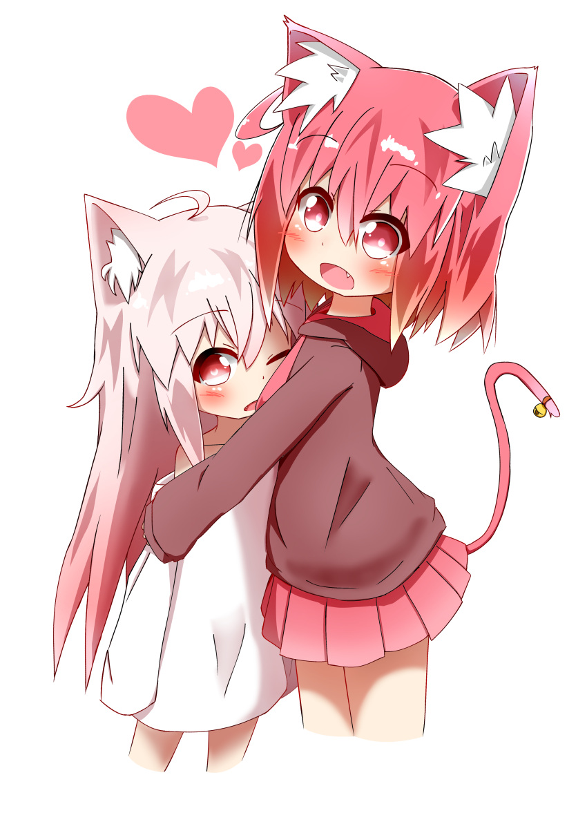 2girls :d absurdres ahoge aka_neko_(idaten93) animal_ears bangs bell blush brown_hoodie cat_ears cat_girl cat_tail collarbone commentary_request cropped_legs eyebrows_visible_through_hair fang gradient_hair hair_between_eyes heart highres hood hoodie hug idaten93 jingle_bell long_hair long_sleeves looking_at_viewer multicolored_hair multiple_girls off_shoulder one_eye_closed open_mouth orange_hair original oversized_clothes oversized_shirt pink_hair pleated_skirt red_eyes red_skirt redhead ruua_(idaten93) shirt skirt sleeves_past_fingers sleeves_past_wrists smile tail tail_bell very_long_hair white_background white_shirt