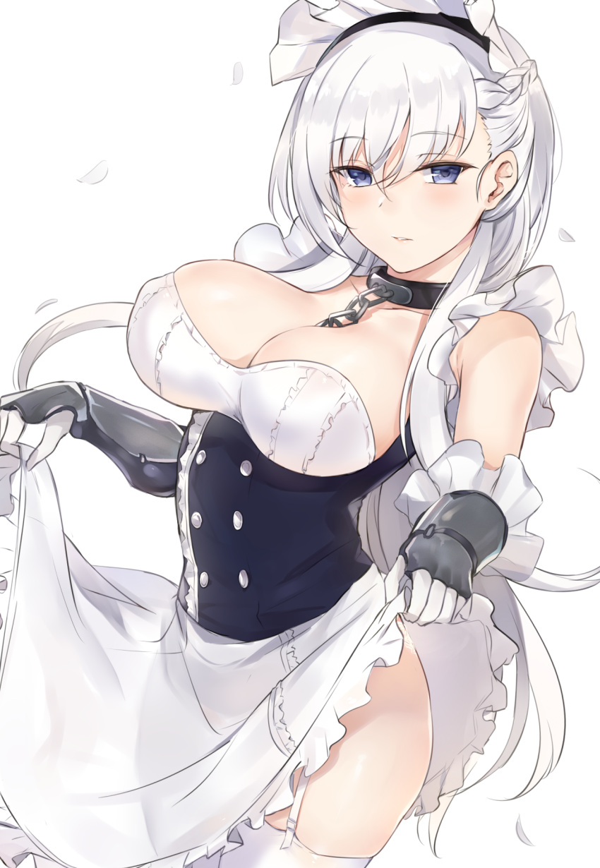 1girl apron apron_lift azur_lane bangs belfast_(azur_lane) blue_eyes blush braid breasts buttons chains cleavage collar collarbone corset french_braid frilled_apron frills garter_straps gauntlets gloves highres hips kyouki large_breasts maid maid_headdress parted_lips petals silver_hair simple_background skirt swept_bangs thighs white_background white_gloves white_legwear white_skirt