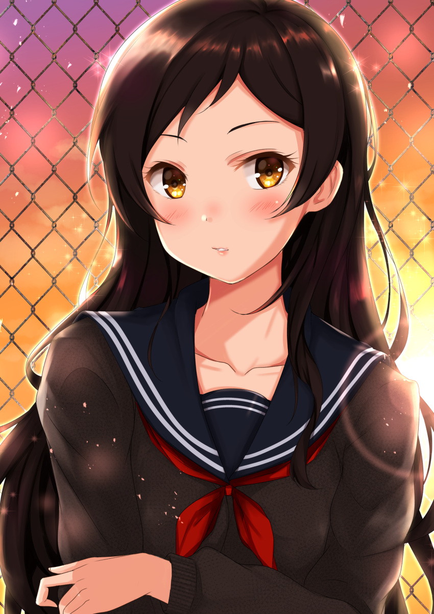 1girl absurdres black_serafuku blush brown_eyes brown_hair chain-link_fence crossed_arms fence highres idolmaster idolmaster_million_live! kitazawa_shiho long_hair looking_at_viewer parted_lips school_uniform serafuku solo twilight yuzuyu_(hyui)