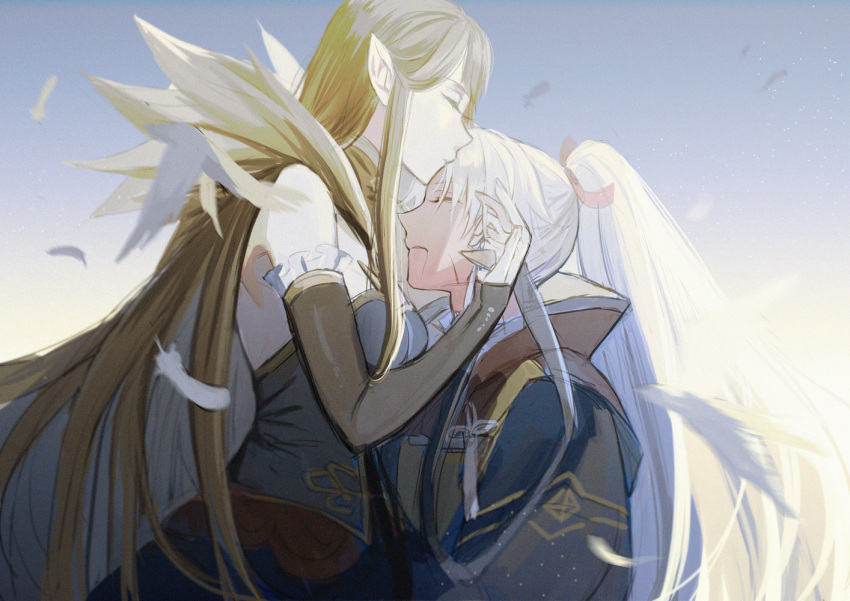 1girl amakusa_shirou_(fate) bare_shoulders black_dress black_hair blood breasts closed_eyes dark_skin detached_sleeves dress fate/apocrypha fate_(series) feathers forehead_kiss fur_trim hair_ribbon hand_on_another's_cheek hand_on_another's_face kiss long_hair pointy_ears ponytail red_ribbon ribbon semiramis_(fate) very_long_hair white_hair