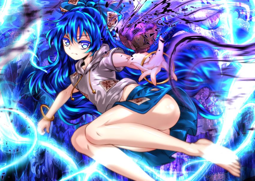 1girl ass bangs bare_arms bare_legs barefoot blue_bow blue_eyes blue_hair blue_skirt bow bowl bracelet broken commentary_request debt drawstring expressionless hair_bow highres hood jewelry long_hair looking_at_viewer midriff miniskirt no_panties nomayo revision short_sleeves skirt solo touhou yorigami_shion