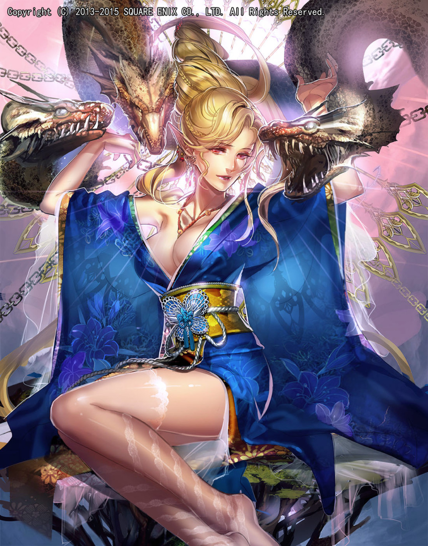 1girl bangs bare_shoulders blonde_hair blue_kimono breasts earrings emperors_saga eyebrows_visible_through_hair hands_up highres hydra japanese_clothes jewelry kimono large_breasts legs_together liduke looking_at_viewer monster necklace no_bra obi official_art pointy_ears red_eyes sash see-through sitting solo thigh-highs watermark