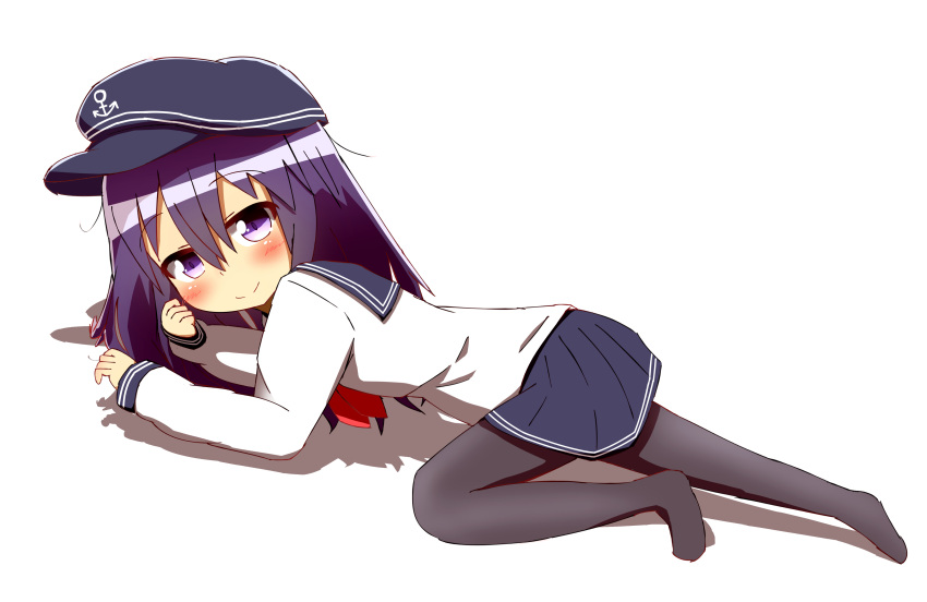 1girl absurdres akatsuki_(kantai_collection) anchor_symbol bangs black_hat black_legwear black_skirt closed_mouth commentary_request dutch_angle eyebrows_visible_through_hair flat_cap full_body hair_between_eyes hat highres idaten93 kantai_collection long_sleeves looking_at_viewer looking_away neckerchief no_shoes pantyhose pleated_skirt purple_hair red_neckwear school_uniform serafuku shirt simple_background skirt sleeves_past_wrists smile solo violet_eyes white_background white_shirt