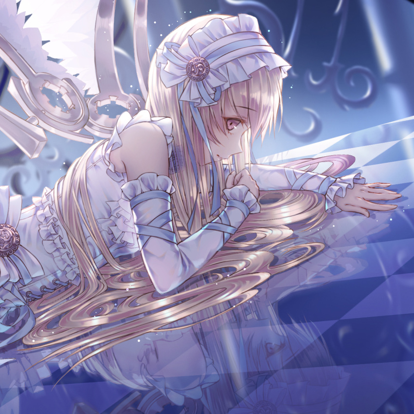 1girl angel angel_wings bangs bare_shoulders blonde_hair cecil86 cropped detached_sleeves eyebrows_visible_through_hair hairband highres lolita_hairband long_hair looking_at_viewer lying on_stomach original profile reflection sleeveless solo wings yellow_eyes