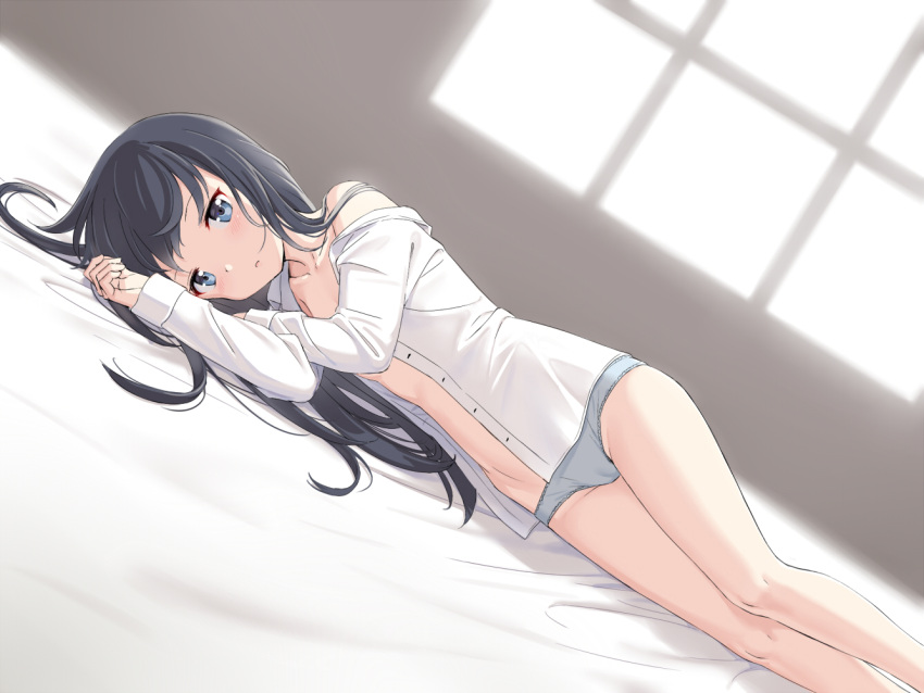 1girl asashio_(kantai_collection) black_hair blue_eyes cnm kantai_collection long_hair long_sleeves looking_at_viewer lying on_side open_clothes open_mouth open_shirt panties shirt solo underwear