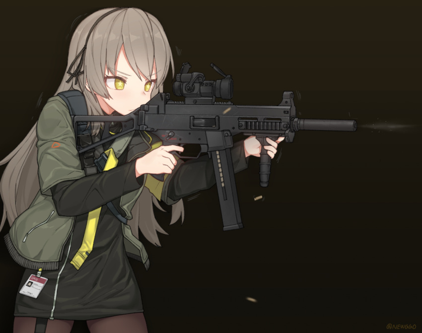 1girl armband brown_hair cowboy_shot firing funako_(newggo) girls_frontline gun h&amp;k_ump heckler_&amp;_koch id_card jacket magazine_(weapon) simple_background star star-shaped_pupils submachine_gun symbol-shaped_pupils ump40_(girls_frontline) weapon yellow_eyes