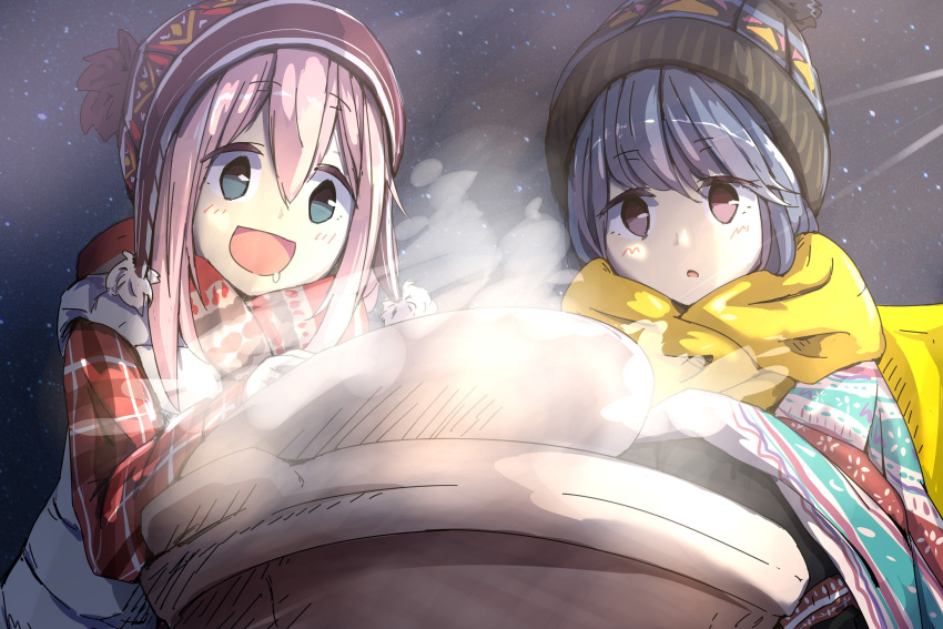 2girls :o blue_eyes blue_hair chestnut_mouth commentary_request cooking drooling harukoma_(rebahopi) hat highres kagamihara_nadeshiko long_sleeves multiple_girls open_mouth pink_hair scarf shima_rin sky smile star_(sky) starry_sky steam violet_eyes yurucamp