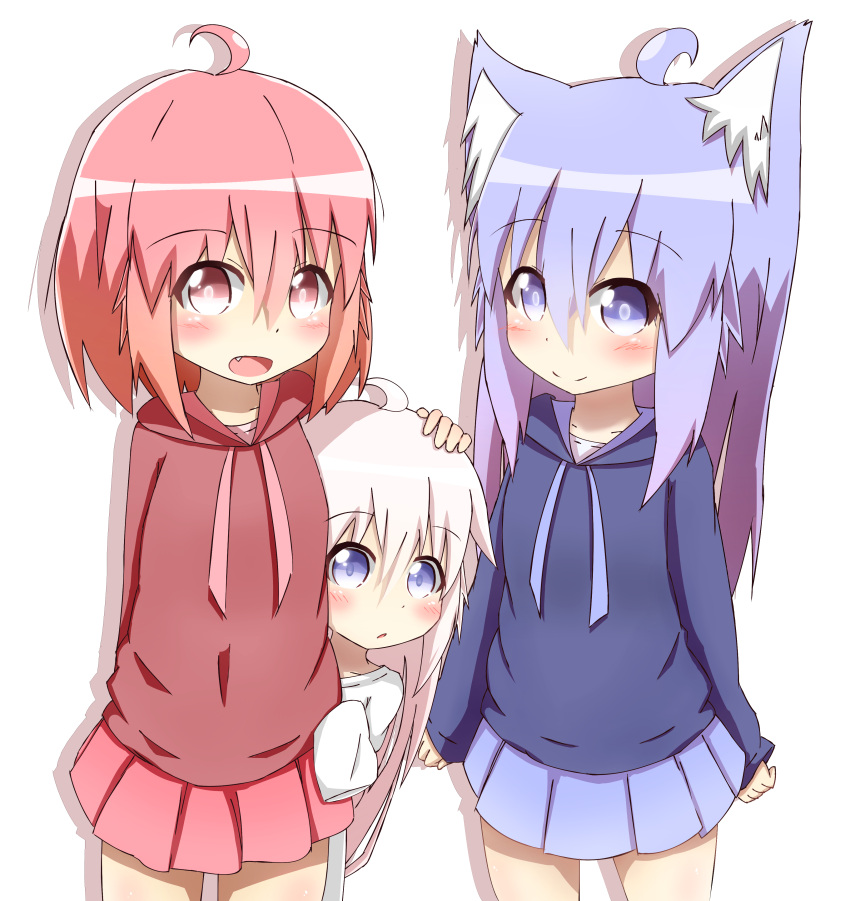 3girls :d absurdres ahoge aka_neko_(idaten93) animal_ears arm_behind_back blue_eyes blue_hoodie blue_skirt blush brown_hoodie closed_mouth collarbone commentary_request cowboy_shot fang fox_ears hand_on_another's_head highres hood hood_down hoodie idaten93 long_hair long_sleeves looking_at_viewer multiple_girls open_mouth original oversized_clothes oversized_shirt parted_lips peeking_out pink_hair pleated_skirt purple_hair red_eyes red_skirt ruua_(idaten93) shirt simple_background skirt sleeves_past_wrists smile till_(idaten93) very_long_hair white_background white_shirt