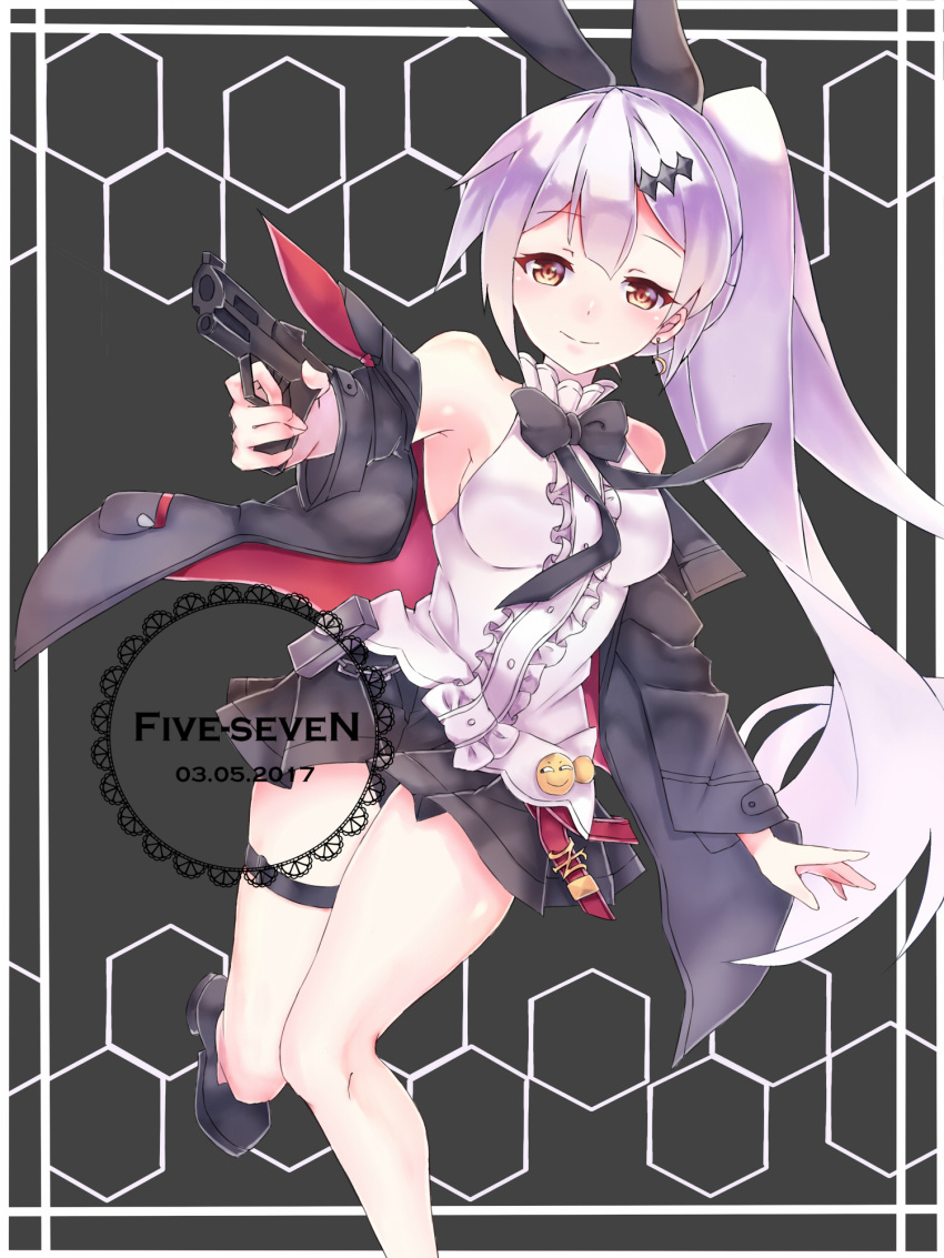 1girl ammunition_pouch arm_at_side armpits bangs bare_shoulders belt black_footwear blush bow breasts brown_eyes buckle chains character_name cleavage closed_mouth dated eyebrows_visible_through_hair finger_on_trigger five-seven_(girls_frontline) five-seven_(gun) girls_frontline gun hair_ornament half-closed_eyes handgun highres holding holding_gun holding_weapon jacket jewelry lahoc large_breasts long_hair looking_at_viewer mid-stride navel open_clothes open_jacket ponytail ribbon shoes sidelocks silver_hair skirt smile solo tareme thigh_strap very_long_hair weapon wind wind_lift