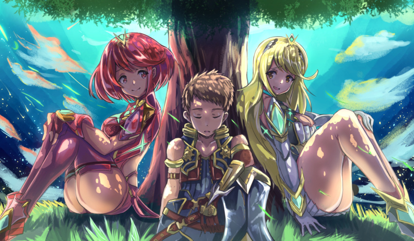 1boy 2girls armor artist_request black_hair blonde_hair blush bodysuit breasts brown_hair cleavage crotchless_pants dress fingerless_gloves gloves hair_ornament harem mythra_(xenoblade) pyra_(xenoblade) large_breasts long_hair male_focus multiple_girls red_eyes redhead rex_(xenoblade_2) short_hair sleeping smile tree xenoblade xenoblade_2 yellow_eyes