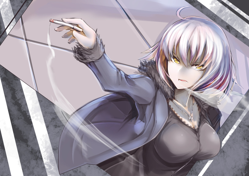 1girl absurdres ahoge black_shirt blue_jacket breasts cigarette commentary_request fate/grand_order fate_(series) fur_trim highres holding holding_cigarette jacket jeanne_d'arc_(alter)_(fate) jeanne_d'arc_(fate)_(all) jewelry ku-ba large_breasts long_sleeves necklace open_clothes open_jacket parted_lips pink_hair shirt short_hair smoke solo upper_body yellow_eyes