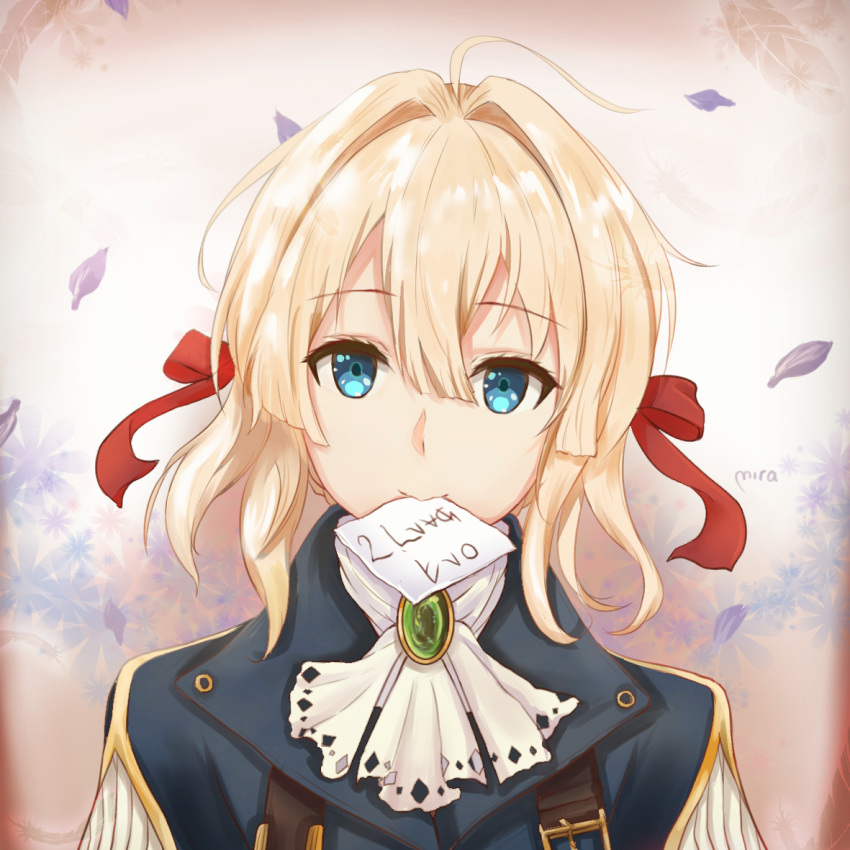 1girl ahoge artist_name ascot bangs blonde_hair blue_eyes blue_jacket brooch closed_mouth commentary_request cravat eyebrows_visible_through_hair feathers floral_background hair_between_eyes hair_intakes hair_ribbon jacket jewelry looking_at_viewer mira-sumter mouth_hold paper petals portrait red_ribbon ribbon short_hair simple_background smile solo violet_evergarden violet_evergarden_(character) white_neckwear