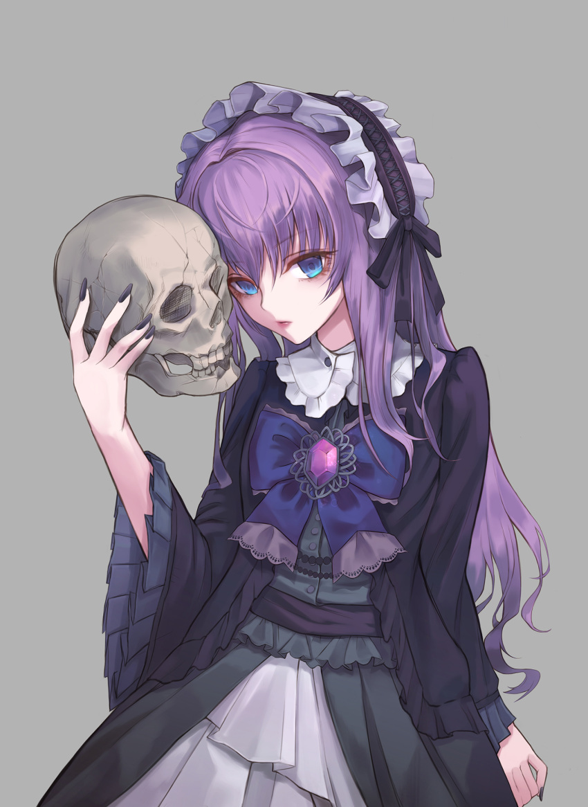 1girl bangs blue_eyes dress eyebrows_visible_through_hair fingernails frills highres holding lips long_hair looking_at_viewer nail_polish original purple_hair skull user_rcvz8745 wide_sleeves