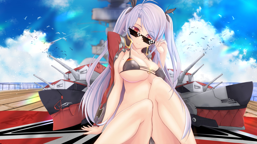 1girl absurdres azur_lane bangs bikini black_bikini black_choker black_ribbon breasts choker flag_print german_flag_bikini hair_ribbon highres iron_cross jacket jewelry large_breasts looking_at_viewer mole mole_on_breast multicolored_hair outdoors prinz_eugen_(azur_lane) red_eyes ribbon side-tie_bikini sideboob silver_hair sitting solo spekkio36 streaked_hair swept_bangs swimsuit under_boob