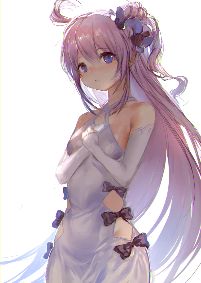 1girl absurdres ahoge azur_lane bangs bare_shoulders black_bow black_ribbon blush bow breasts closed_mouth commentary_request detached_sleeves dress eyebrows_visible_through_hair hair_between_eyes hair_bun hair_ribbon halterneck highres hinako_(anzu15) long_hair long_sleeves looking_at_viewer one_side_up purple_hair ribbon side_bun simple_background sleeves_past_wrists small_breasts solo unicorn_(azur_lane) very_long_hair violet_eyes white_background white_dress