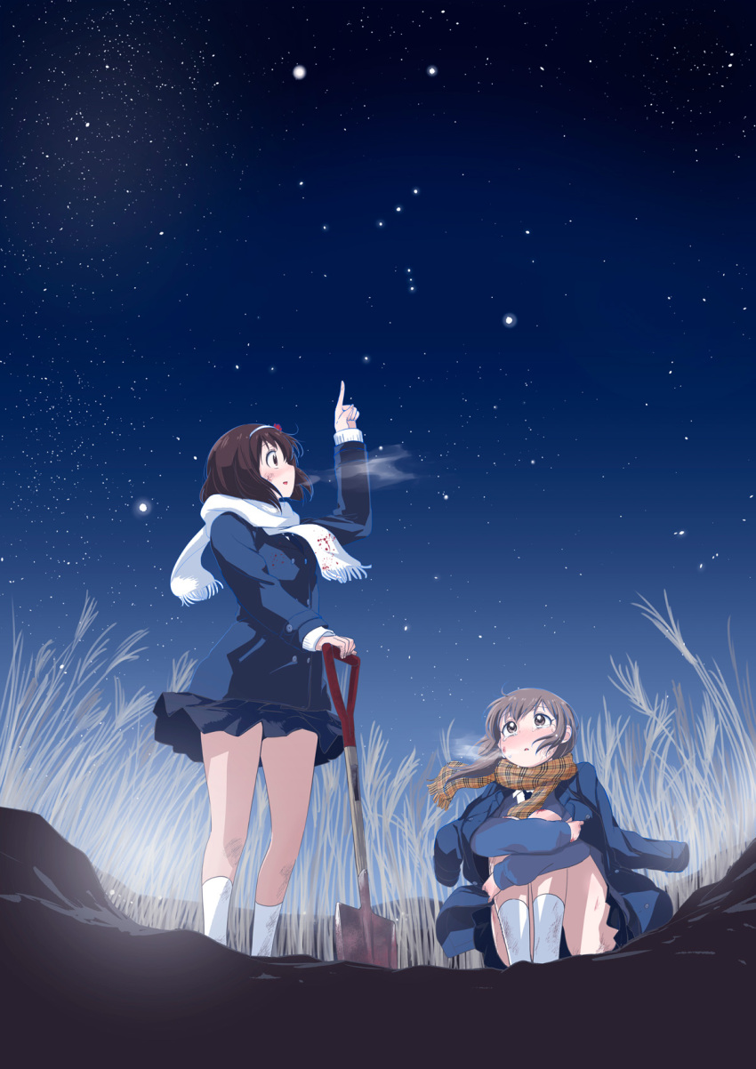 2girls 9so_(ponchon) black_neckwear blood blood_on_face bloody_clothes blue_coat blue_skirt blush breath brown_eyes brown_hair commentary_request constellation crying crying_with_eyes_open d: dirty_clothes dirty_face hairband highres jacket_on_shoulders kneehighs leg_up long_sleeves multiple_girls night night_sky nose_blush oomuro-ke open_mouth outdoors parted_lips plaid plaid_scarf pleated_skirt pointing pointing_up scarf school_uniform scrape shovel sideways_mouth sitting skirt sky sonokawa_megumi standing tears white_legwear white_scarf worktool yaeno_miho yuru_yuri