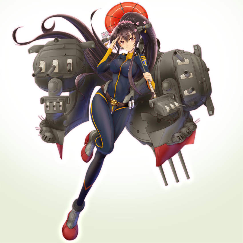 1girl alternate_costume black_bodysuit bodysuit breasts brown_hair cosplay full_body gradient gradient_background headgear highres impossible_clothes kantai_collection large_breasts long_hair looking_at_viewer mokerou oriental_umbrella ponytail rigging salute skin_tight solo turret uchuu_senkan_yamato uchuu_senkan_yamato_2199 umbrella very_long_hair violet_eyes yamamoto_akira yamamoto_akira_(cosplay) yamato_(kantai_collection)