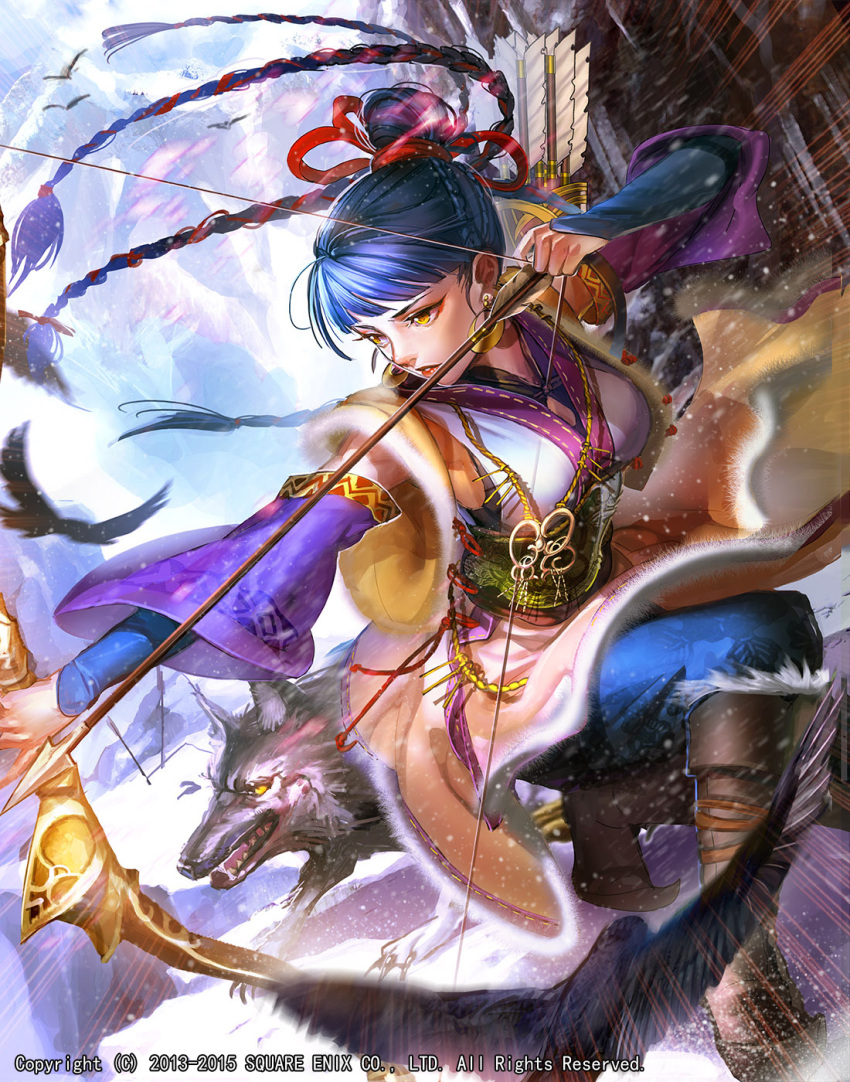 1girl aiming arrow bangs bird blue_hair blunt_bangs boots bow_(weapon) breasts brown_footwear day emperors_saga emphasis_lines highres holding holding_bow_(weapon) holding_weapon japanese_clothes large_breasts liduke long_hair long_sleeves obi official_art outdoors parted_lips reverse_grip sash snow squatting watermark weapon wolf yellow_eyes