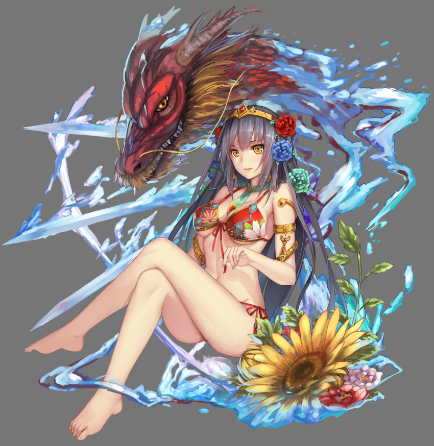 1girl armlet bare_shoulders barefoot bikini blue_flower blue_rose breasts choker closed_mouth commentary_request dragon fingernails flower green_flower green_neckwear green_rose grey_background highres ice invisible_chair kai-ri-sei_million_arthur large_breasts legs_crossed long_hair looking_at_viewer nail_polish navel necktie official_art pink_nails red_bikini red_flower red_rose rose side-tie_bikini silver_hair simple_background sitting solo sunflower swimsuit sword tiara weapon weiyinji_xsk yellow_eyes