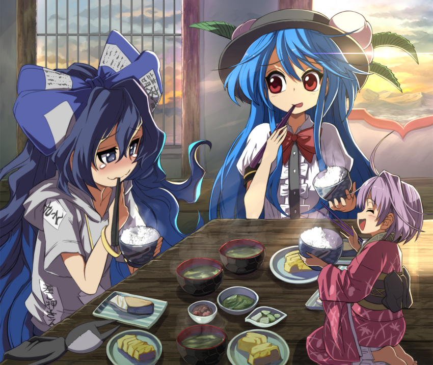 3girls ahoge bangle bangs barefoot black_hat blue_bow blue_eyes blue_hair blush bow bowl bowtie bracelet chopsticks closed_eyes clouds commentary_request drawstring eating food fruit hat highres hinanawi_tenshi holding hood hoodie indoors japanese_clothes jewelry kimono long_hair minigirl multiple_girls obi peach purple_hair red_eyes red_kimono red_neckwear rice sash seiza shope sitting sky smile soup steam stuffed_animal stuffed_cat stuffed_toy sukuna_shinmyoumaru sun table tears touhou very_long_hair wavy_hair window yorigami_shion